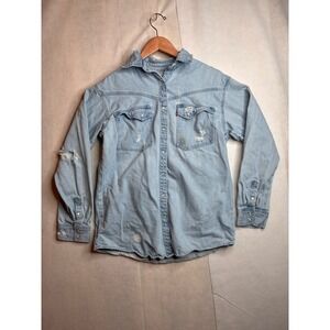 Levis Womens Light Wash Distressed Denim Western Pearl Snap Shirt Size XS